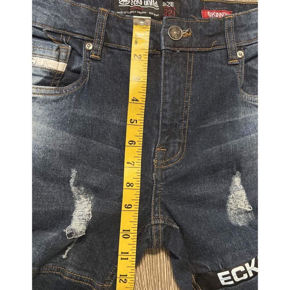 Ecko‎ Unltd Dark Wash Low Rise Men's Distressed Skinny Blue Jeans, Size 32x32 - Picture 7 of 12